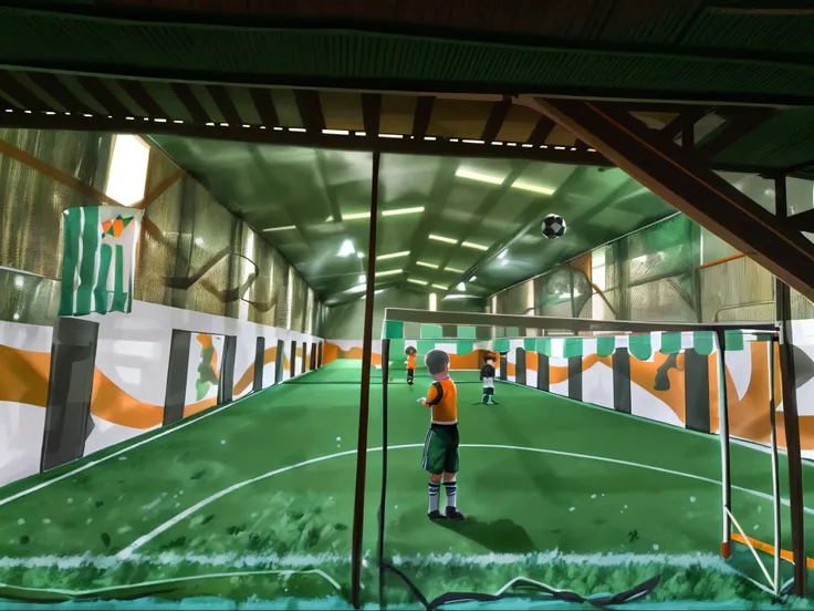 cancha de futbol 5, synthetic turf, white lines, Child in the center with an orange vest, Large closed shed, espacio techado, Green grass