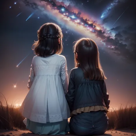 Photo of the backs of two little girls, a 12-year-old and the other an 8-year-old, looking up at the sky, making a request for a passing shooting star.