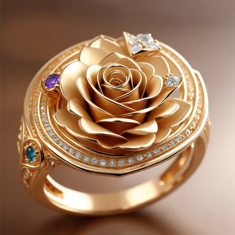 Masterpiece，highest  quality，(Nothing but the ring)，Beautiful ring, Ultra detailed，(No Man),Ring in the shape of a rose，starrysky，Wrapped around the end from beginning to end，Delicate gold ring，Starry sky in the ring,The sheen，inverted image，Sparkling gems...