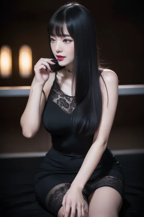 (8k，realisticlying，A detailed，Very detailed faces)
Outside the hospital，Her posture is somewhat incongruous。She has long black hair，scattered land 披在shoulder上，A few strands of hair are mixed with bizarre colors，Like bright red drops of blood。Her eyes were ...