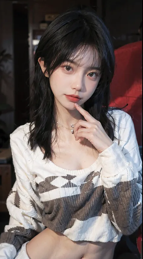 best qualtiy， 超高分辨率， （realisticlying：1.4），Baoyu Girl，1girll, with long coiled hair，Blushlush，Looking into the distance，nedium breasts，Cropped red sweater，a sense of atmosphere，Beautiful woman with a slim figure:1.4, Pronounced abs，Ultra-fine face，Elaborate...