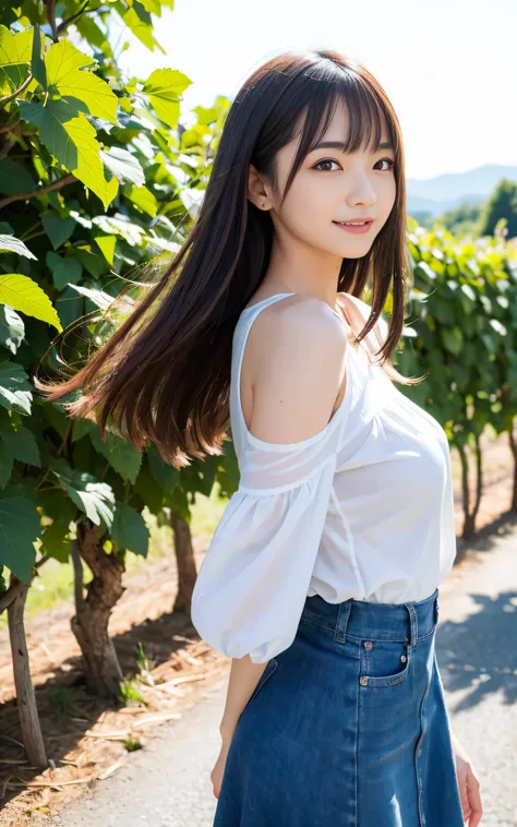 ((Best Quality, 8K, masutepiece: 1.3)), (Sharp Focus: 1.2), Charming vineyards with rows of vines that stretch far into the distance, 1 girl, Full body, stunning elegant pose，Neat and clean beauty, 20 years old, Japanese, Looking away, Classy and elegant, ...