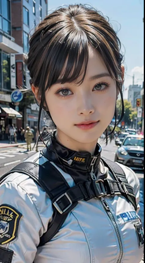 (Top Quality, Ultra High Definition, Photorealistic: 1.4), (close up:1.5), 1 Beautiful Girl, (Kpop Idol), Detailed Face, (Pink updo Hair: 1.3),  Contrapposto, Smooth Skin, Perfect Anatomy, Professional Lighting, ((wearing Futuristic Police Racing Suits, mi...