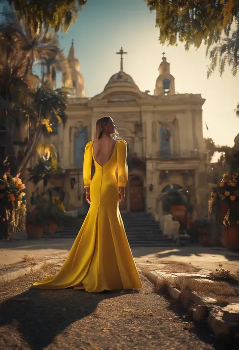 model walkst into the church , dressed in a blueish and yelow dress