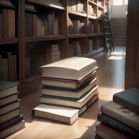 Piles of books and files in a library with a person  searching book