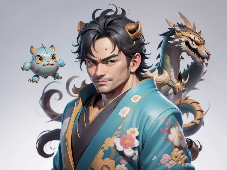 (Masterpiece), (Excellent), (Super Meticulous), (Full Body: 1.2), Super Young Man, Oriental Face, Japanese Kimono, Japanese Wind Thunder God, Dragon, Tiger, TV Anchor, Bust Portrait Illustration, Alone, Black Suit, Blue Tie, Slightly Chubby Face, Very Clea...