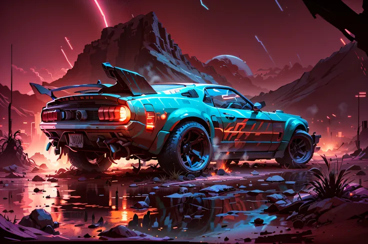 Cartooned retrowave, Post-apocalyptic desert, Post-apocalyptic armored 1969 Mustang in a desert with synthwave inks and neon lights, mad max aesthetic, blade runner 2049 lights style, (masterpiece,detailed,highres)