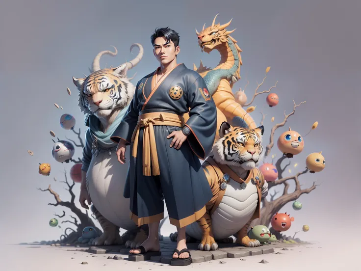 (Masterpiece), (Excellent), (Super Meticulous), (Full Body: 1.2), Super Young Man, Oriental Face, Japanese Kimono, Japanese Wind Thunder God, Dragon, Tiger, TV Anchor, Bust Portrait Illustration, Alone, Black Suit, Blue Tie, Slightly Chubby Face, Very Clea...