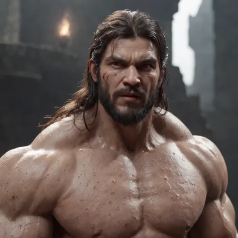 (professional 3d render:1.3) af (Realistic:1.3) most beautiful artwork photo in the world，Features soft and shiny male heroes, ((Epic hero fantasy muscle man rough wet hero angry look long hair short beard and ferocious expression in dynamic pose, Fantasti...