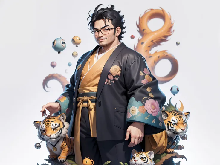 (Masterpiece), (Excellent), (Super Meticulous), (Full Body: 1.2), Super Young Man, Oriental Face, Japanese Kimono, Japanese Wind Thunder God, Dragon, Tiger, TV Anchor, Bust Portrait Illustration, Alone, Black Suit, Blue Tie, Slightly Chubby Face, Very Clea...