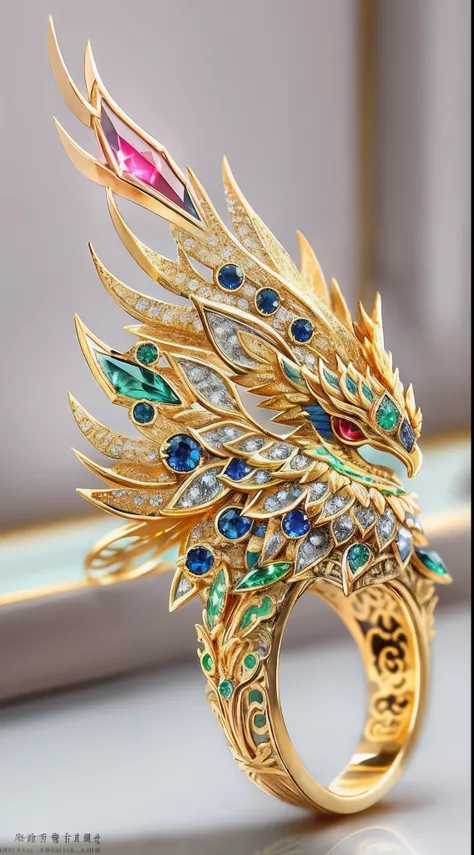 delicated，Chinese mythological phoenix-shaped ring，Made in gold，Phoenix eye set with blue gemstones，Detailed texture，High quality diamonds，A ring box with a refined Chinese style and texture，Phoenix pattern，Shine，The sheen，realisticlying，Items on display，C...