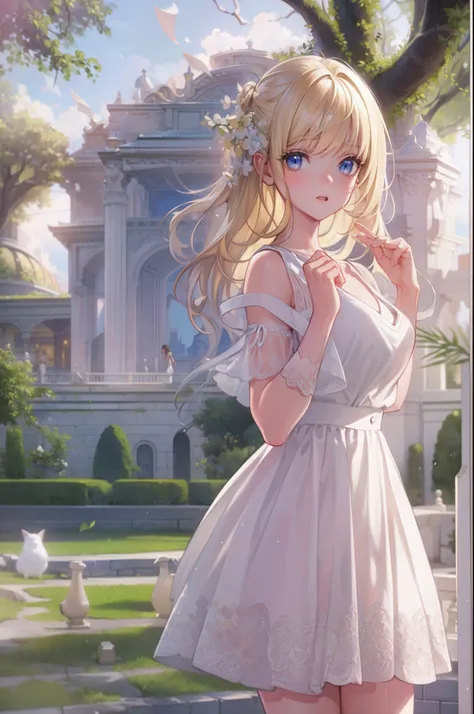 (Masterpiece:1.2), Best quality, A high resolution, Original, (Extremely detailed:1.2), Ultra-detailed, the wallpaper, Perfect lighting,(Extremely detailed CG:1.2), 8K, 1girl, blond hair, (White dress:1.21), Stand, A park, day