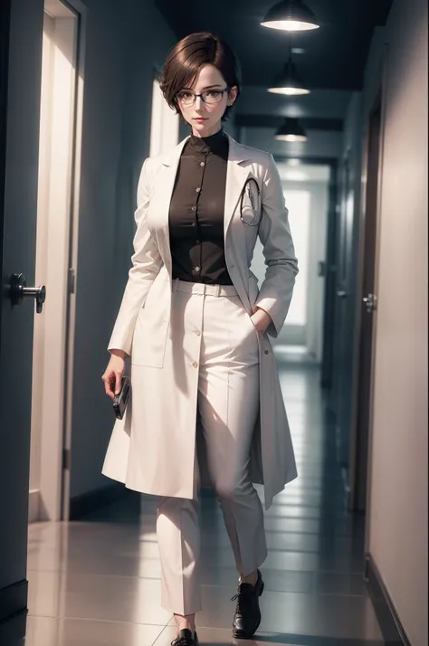 realistic 8k image of a pretty female doctor, 32 years old, short hair, wearing glasses, wearing a white coat, white clothes, holding a small flashlight, evaluative expression, in a wide corridor of a royal palace, anime-style art