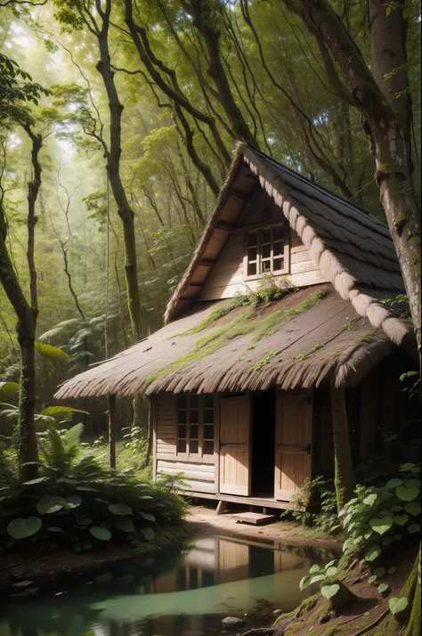 There is a hut in the middle of a forest, floresta com um rio, natureza , floresta densa, realista, fotografia, Kinematic