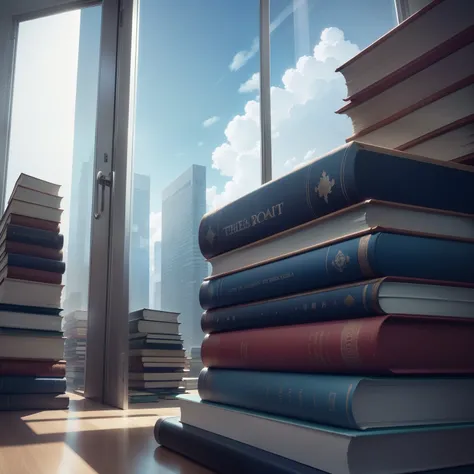 Piles of books and files in a library with a person searching book with blue tints and large windows background with blue sky vector art