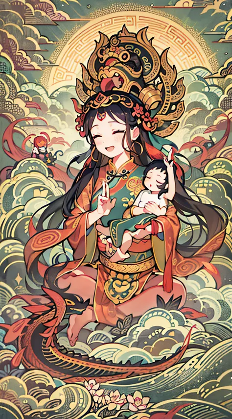 an ancient Chinese goddess, guanyin of the southern seas, Guanyin, Inspired by India, Avalokiteshvara rides a dragon，Holding a baby boy，baby, Little boy,（Black color hair），Crown on head，Send Zi Guanyin,Serene expression,shui mo hua,Buddha,Buddhist,Lotus,Ch...