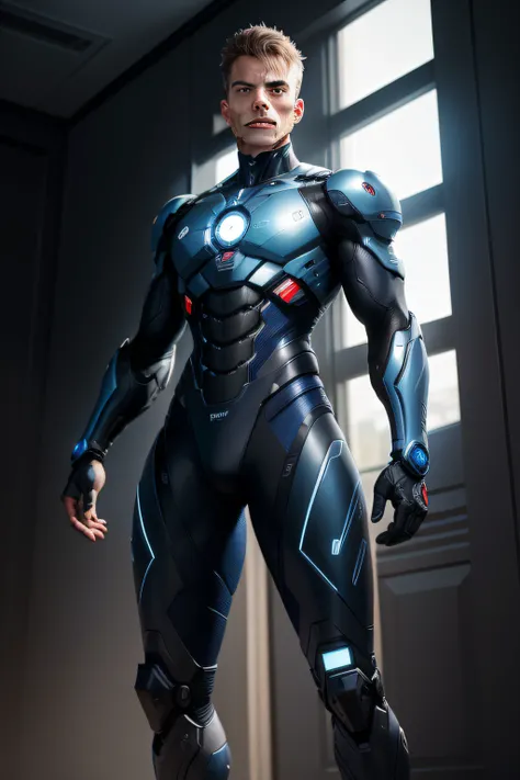 Realistic professional image of a half-cyborg man standing looking to the side ,- Dark metallic blue colors ,  partes  em vermelho , light blue metallic , feet and hands light blue metallic , eyes in yellow lights and an open outstretched hand , fundo clar...