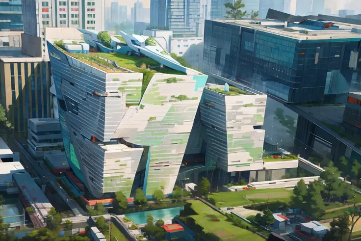 View of building with green roof and river background, morphology, inspired by Cheng Jiasui, inspired by Zha Shibiao, modern technology building, buildings covered with greebles, Daniel Libeskind, author：Chass is silent, huge futuristic building, arhitectu...