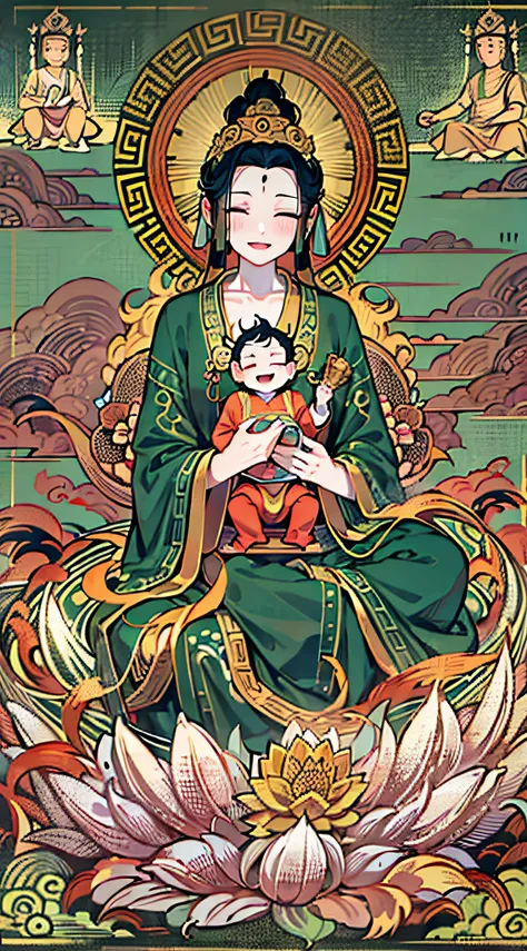 an ancient Chinese goddess, guanyin of the southern seas, Guanyin, Inspired by India, Avalokiteshvara rides a dragon，Holding a baby boy，baby, Little boy,（Black color hair），Crown on head，Send Zi Guanyin,Serene expression,shui mo hua,Buddha,Buddhist,Lotus,Ch...