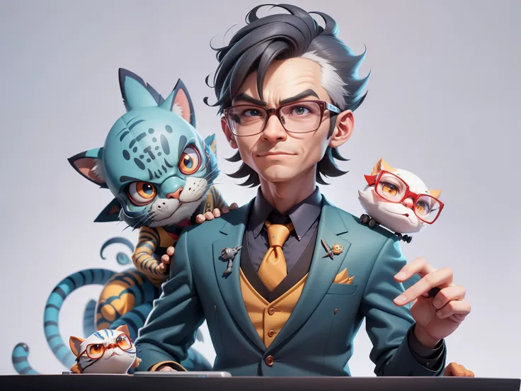 A young man in a suit, Short hair and glasses sat at his desk，holding laptop，digitial painting，tigre，3D character design by Mark Clairen and Pixar and Hayao Miyazaki and Akira Toriyama，4K HD illustration，Very detailed facial features and cartoon-style visu...