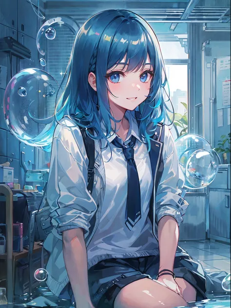 ((top-quality)), ((​masterpiece)), ((ultra-detailliert)), (extremely delicate and beautiful), girl with, 独奏, cold attitude,((Black jacket)),She is very(relax)with  the(Settled down)Looks,A dark-haired, depth of fields,evil smile,Bubble, under the water, Ai...