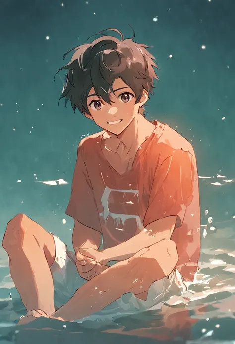 Teenage boy sitting in water，not shirt，com pele clara，sorriso，Ferramentas de mergulho