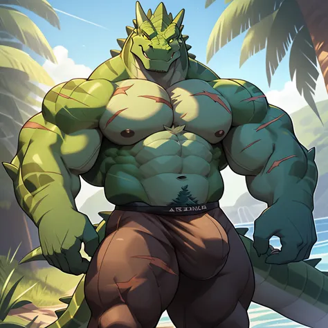 Solo, Male, lizardfolk, cheeky face, Wide face, Broad shoulders, Muscular, buff, Strong, Tall, Giant, Huge amounts of pubic, immensity, Gigantic, large biceps, large pecs, Emerald green body, green-skin, yellow eyes， There are a lot of scars on my body，det...