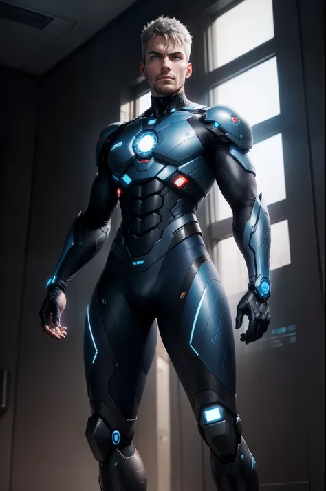 Realistic professional image of a cyborg man standing looking to the side ,- Dark metallic blue colors ,  partes  em vermelho , light blue metallic , feet and hands light blue metallic , eyes in yellow lights and an open, outstretched hand , fundo claro