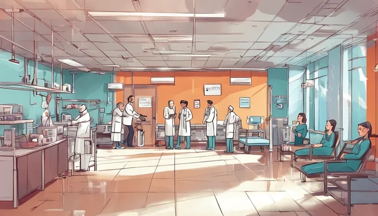 hospitals、doctor、Rehabilitation Staff、during daytime、nurse、Bright workplace、Serious people、a smile、supportive、faithful、Staff gather and chat、Ultra-realistic、Super Real、Frontline of welfare and medical care