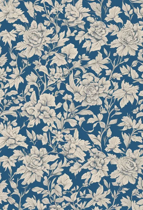 a closeup of a blue and white floral pattern on a wall, papel de parede florido, William Morris printing style, papel de parede floral, wallpaper pattern, textile print, papel de parede nas paredes, floral pattern, textura do papel 1 9 5 6, flores pequenas...