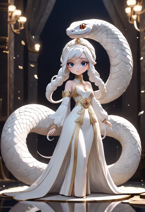 Pixar style super cute anthropomorphic white snake， Dai Han costume and crystal crown, standing, Charming big eyes, Cute tail, standing, Surreal, Super fine, Luxurious, Graceful standing, Charming big eyes, Cute tail, standing, Surreal, Super detailed, Lux...