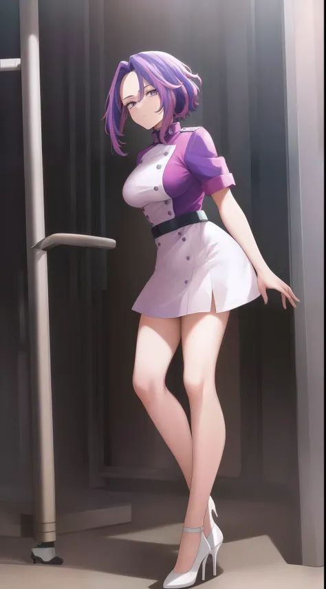 scan, (extremely detailed CG unity 8k wallpaper:1.1), highres, (1girl), lady nagant, boku no hero academia, (purple hair), (multicolored hair), (purple eyes), white nurse outfit, white high heels, full body, breasts