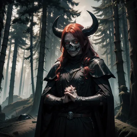 Child, girl, with black horns, red hair, orange eyes, holding mans hand, (man, skull face, black clothes) background, medieval scenery, dark forest