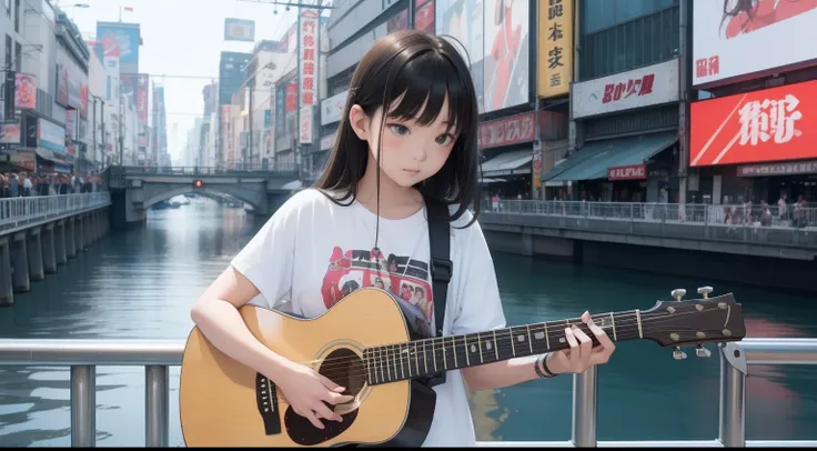 On the bridge of Dotonbori in Osaka、Guitar and Stand Microphone、Singing Girl、White t-shirt and damaged skinny jeans、Air Jordan Shoes、Wide-angle size、Picture away、17 year old girl