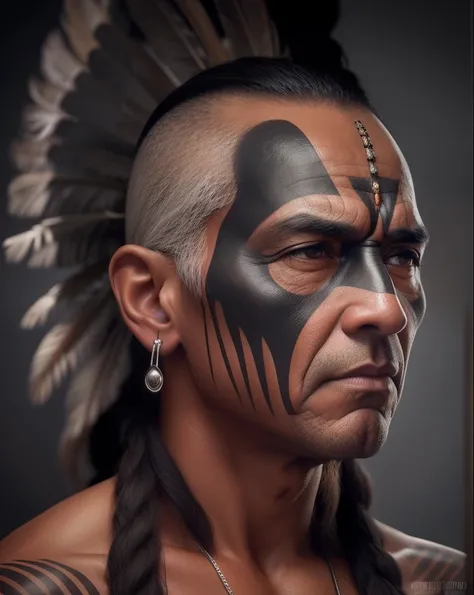 Create the dramatic lighting image of a Native American man , com dedos extremamente perfeitos, perfect hands,  de 80 anos, The face with indigenous war ink,  rosto coberto pela tinta vermelha e preta Traje nativo americano,  colares diversos de sementes e...