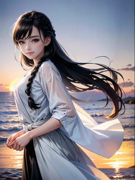 (Facial Focus), (1 Girl, Female, Woman, Solo, Pale Skin, Casual Fashion, Kawaii), (Long Hair, Single Braided Hair, Black Hair, Cute Face, Light Smile), (By the Sea), Milky Way, Sunset,