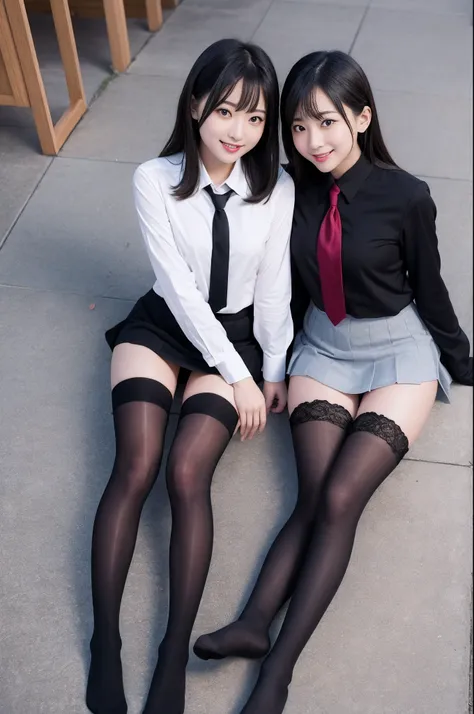 high-angle shot、Center view、Two arafe asian women in satin shimmies standing in the city、Phenomenally cute girl、japanaese girl、Wearing a lace slip shimmy、a hyperrealistic schoolgirl、a hyperrealistic schoolgirl、Schoolgirl Pose、full body Esbian、Nice skin、gli...