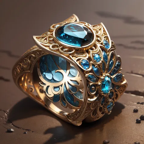 Masterpiece，highest  quality，(Best shadow), Beautiful ring, Ultra detailed，(No body)，A ring，The ring is shaped like a strip，Wrapped around the end from beginning to end，a tigers head，blue gem eyes，Delicate gold ring，The sheen，inverted image，Elegant and nob...