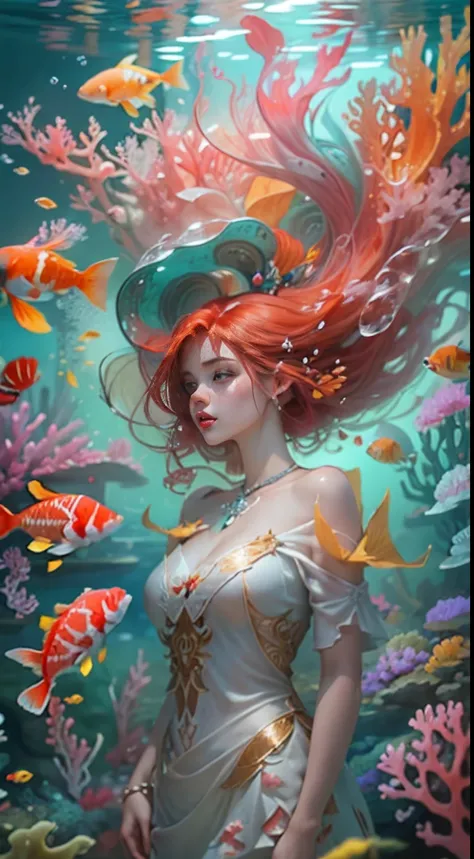 ModelShoot style, (Extremely detailed Cg Unity 8K wallpaper), A chaotic storm of intricate liquid smoke in the head, Stylized abstract portrait of beautiful sea queen with red hair, wetted skin,Koi，Beautiful koi，Flocks of koi,carp，Strange shaped corals，oce...