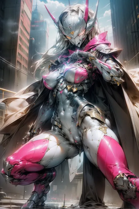 （masterpiece、8K、Ultra-delicate、hight resolution），(((Female Ultraman)))，(((No muscles，large Boob)))，(her head is tapering,The body is made of red and silver，pink armor,The arms present a streamlined design，On the chest there is a round calculator，Looks tall...