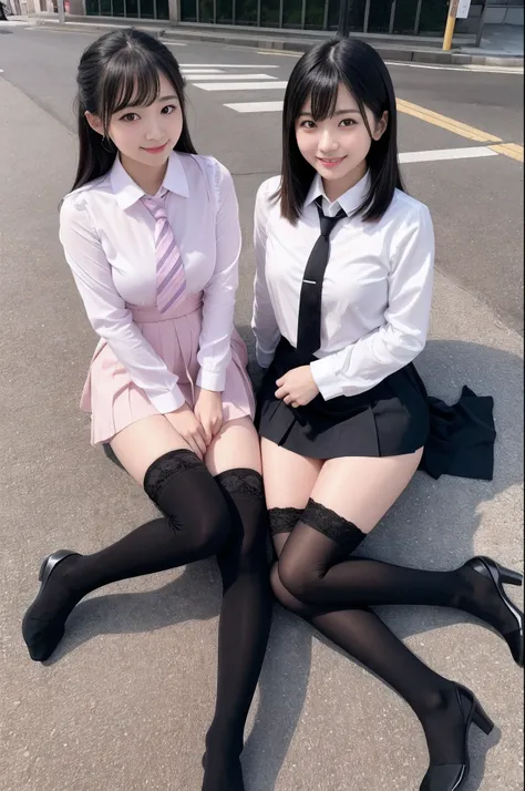 high-angle shot、Center view、Two arafe asian women in satin shimmies standing in the city、Phenomenally cute girl、japanaese girl、Wearing a lace slip shimmy、a hyperrealistic schoolgirl、a hyperrealistic schoolgirl、Schoolgirl Pose、full body Esbian、Nice skin、gli...