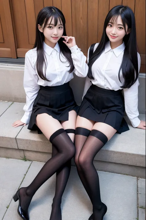 high-angle shot、Center view、Two arafe asian women in satin shimmies standing in the city、Phenomenally cute girl、japanaese girl、Wearing a lace slip shimmy、a hyperrealistic schoolgirl、a hyperrealistic schoolgirl、Schoolgirl Pose、full body Esbian、Nice skin、gli...