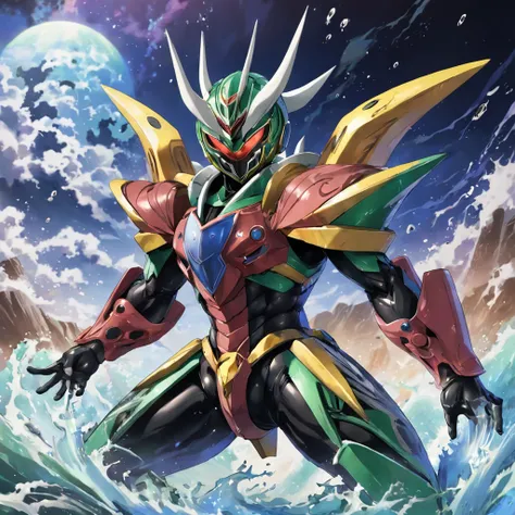 Kamen Rider,Locust elemental helmet，Marine elements，water gun，Yugioh artwork, top-quality, tmasterpiece, A high resolution, 8K