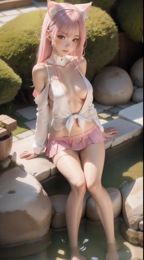 White silk hot spring cat ear girl bare breasts long legs，Pink miniskirt