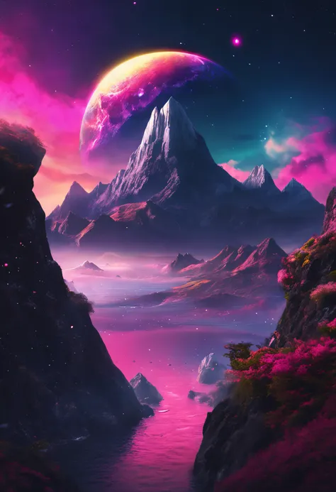 Somewhere in space. A mountain surrounded by the ocean. a planet of mysteries floating above the mountain. dark and colorful. everything is cosmic. 3D.