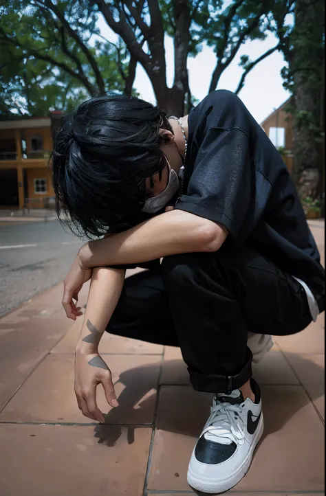 there is a man kneeling down with his hand on his knee, the anime girl is crouching, depressed sad expression, sitting on the ground, portrait of depressed teen, with a sad expression, man sitting facing away, hugging his knees, taken with canon eos 5 d, t...