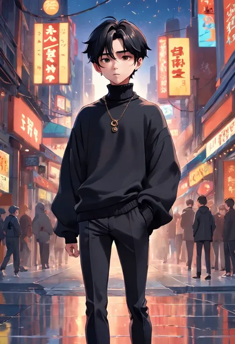 3D Pixar style whole body Kpop boy model with piercing wearing a black turtle neck outfit, luxurious life