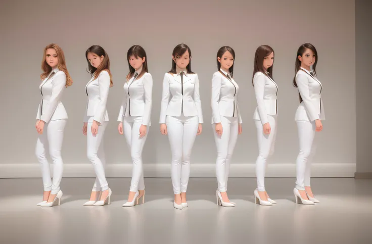 A woman in a white suit and high heels poses for a photo of Alates, wearing white clothes, 3 d white shiny thick, a-pose, wearing white clothes, standing elegant pose, female human body whole body, rendering of beauty pageant, 3 D rendering character art 8...