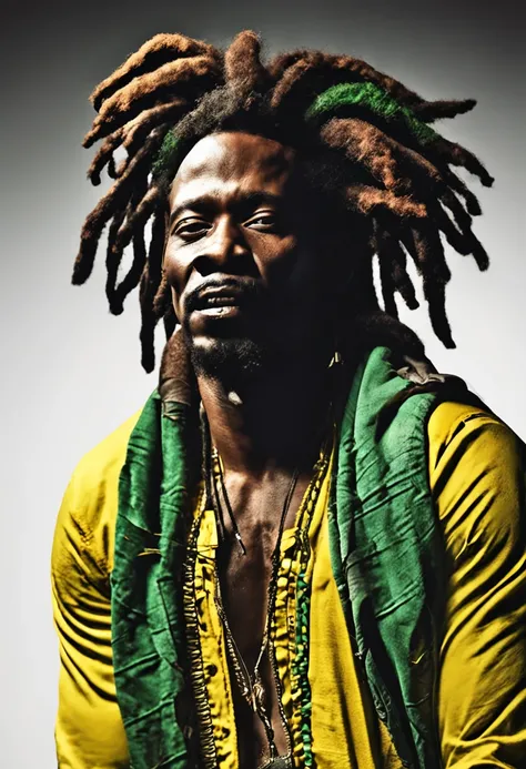 Create a logo with the head of a black man with dreadlocks in black colors, verde, amarelo e vermelho (olhando para a frente) , imagem estilo logomarca , Sober, (fundo preto), Image with resolution of at least 300dpi, UHD 8k, Very high quality for excellen...