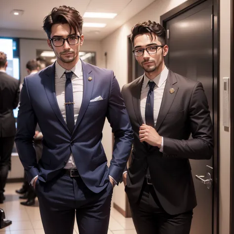 Man looking forward with prescription glasses, com roupa de apresentador de telejornal, cor parda,